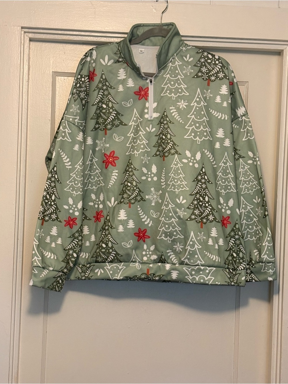 Women's Sage Green Holiday Tree Quarter-Zip Puffer Pullover